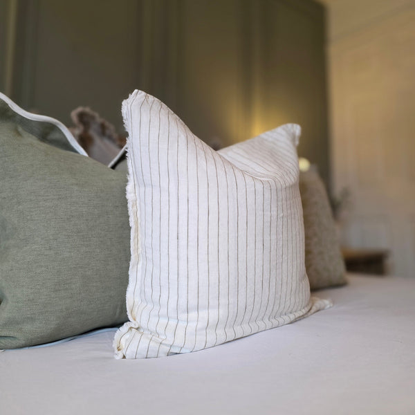 Weathered Edge Square Cream & Olive Pin Stripe Linen Cushion