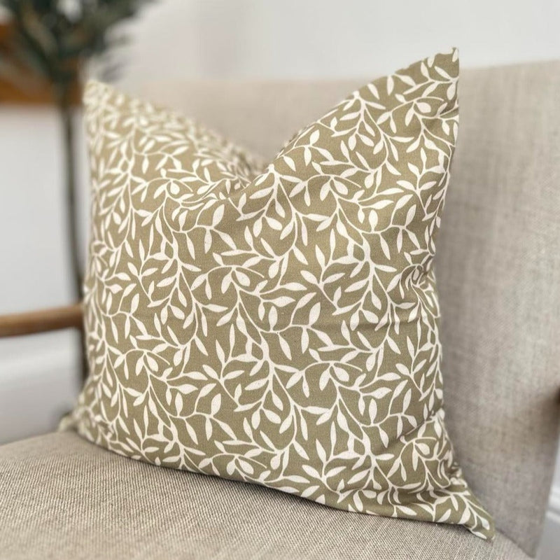 Olive Green & Cream Leaf Print Square Cotton Cushion