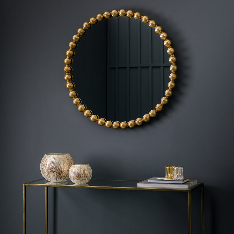 Regal Gold Beaded Round Mirror