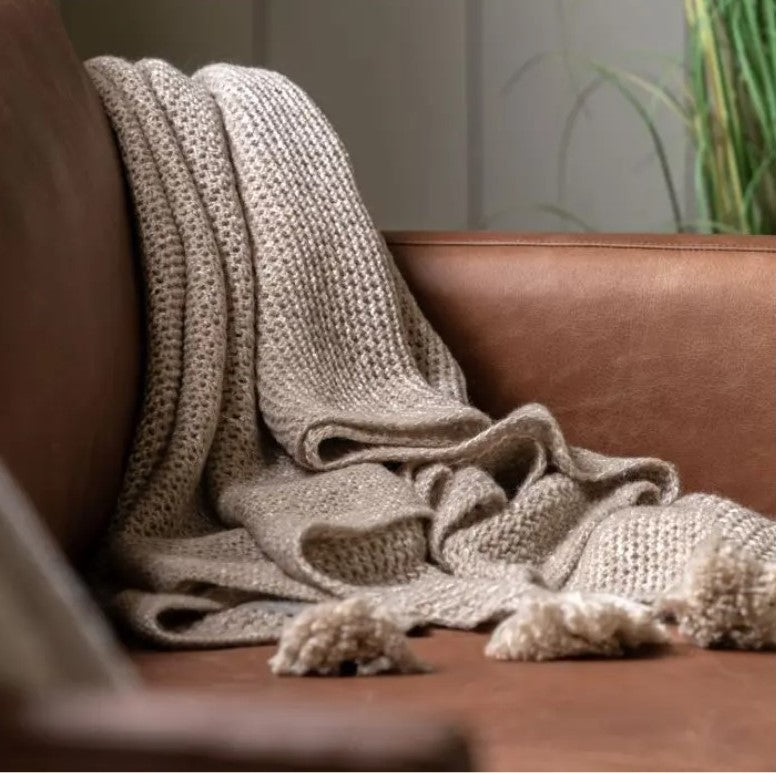 Neutral Beige Knitted Tassel Throw Natural