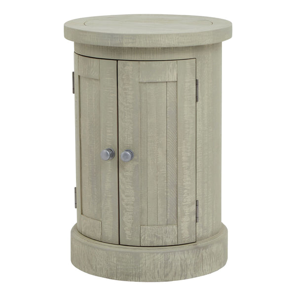 Harborview Circular Pine Wood Storage Console, with 2 doors and silver round handles. On a plain white background for contrast