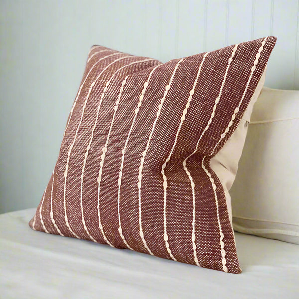 Square Plum Cushion with a vertical cream stripe left to right