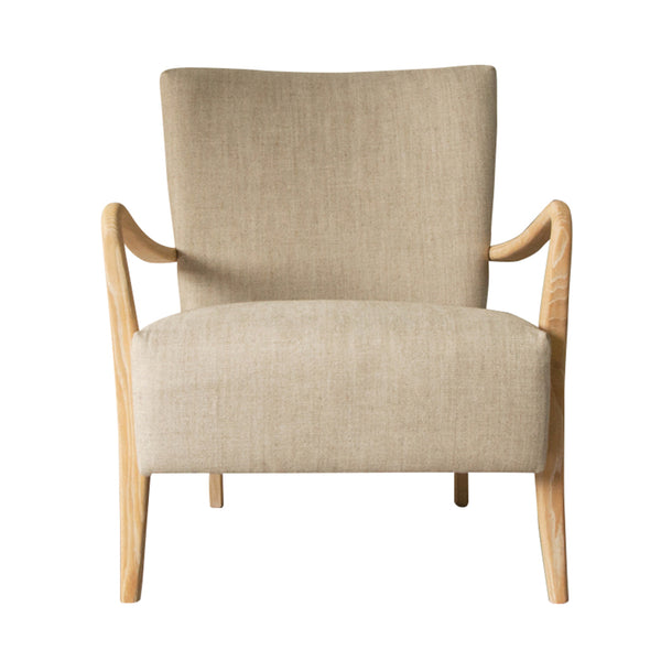 Serenova_Neutral_Cream_Armchair with oak arms and legs. Sat on a plain white background