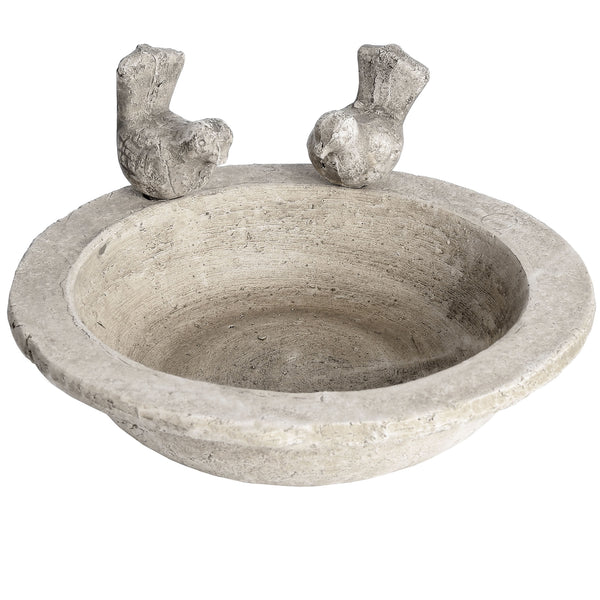 Stone bird bath with 2 stone birds sat around the edge of the bowl. On a plain white background