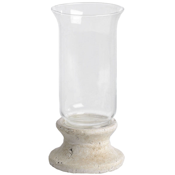 Stone Based Hurricane Vase Lantern, With a stone base and a glass cylinder top to add a candle inside. On a plain white background for contrast