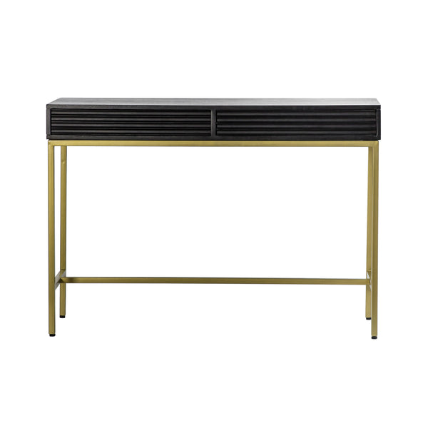 The Luxe Noir Black and Gold Console Table on a white background for contrast. With 2 black wooden drawers for storage