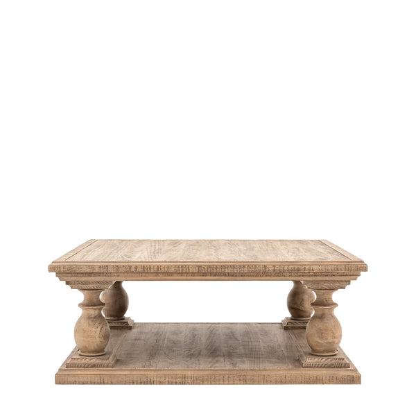 Chunky wooden coffee table with  a square top and square bottom, column like corners attaching the square wooden top to the wooden bottom. on a white background for contrast