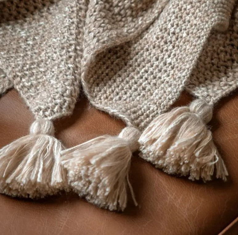 Neutral Beige Knitted Tassel Throw Natural