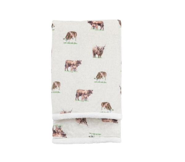 Off white, soft sherpa throw with water painted cow and highland cow printed all over