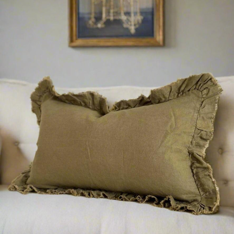 Rectangle Ruffled Edge Olive Linen Cushion 50x30cm