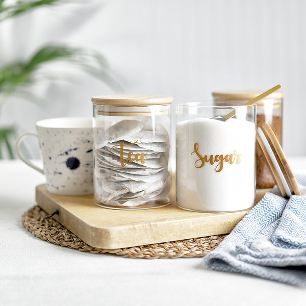 Glass jars with bamboo airtight sealed lids with labels for Tea, Coffee and Sugar